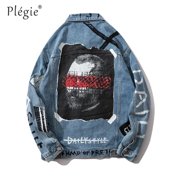 

Plegie Graffiti Blue Jeans Jacket Streetwear Hip Hop Mens 2019 Vintage Washed Denim Jackets Patchwork Fashion Oversize Jackets