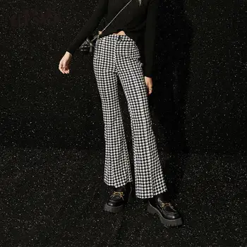 

ELFSACK Black Houndstooth Straight Casual Women Flare Pants,2020 Autumn ELF Vintage High Waist ,Korean Ladies Daily Trouser