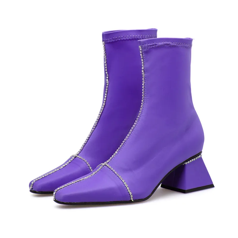 Purple Брендовые женские ботинки для подиума модные эластичные короткие ботинки из лайкры на осень и зиму элегантные ботинки martin на высоком каблуке с острым носком - Цвет: Purple