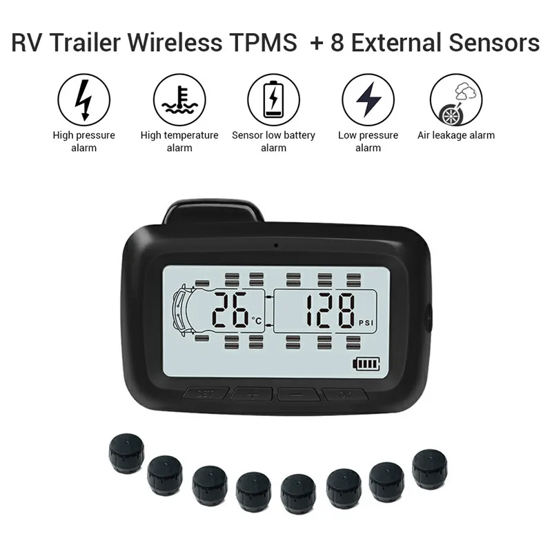 WONVON RF Wireless Car TPMS Tire Pressure Monitoring System Color LCD Display with Repeater+8 External Sensor For RV Trailer