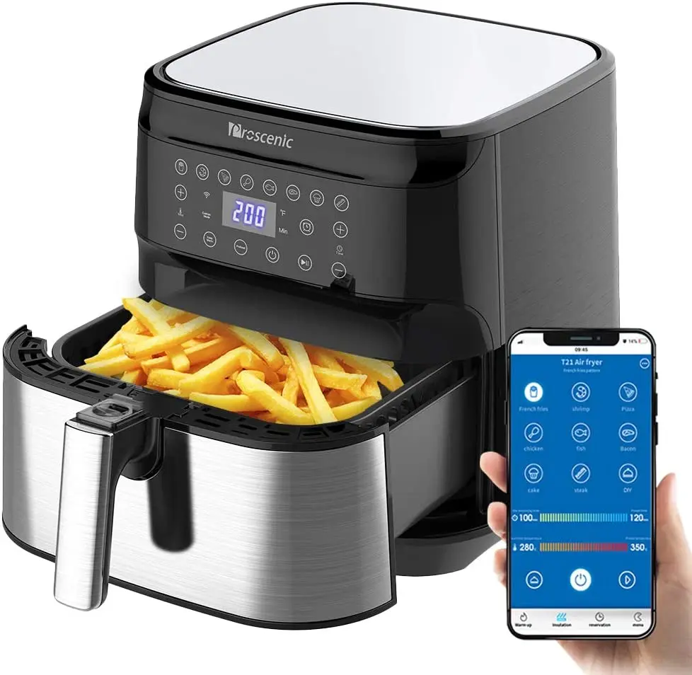 Proscenic T21 Air fryer 5.5L Capacity Oilless Cooker for Roasting Health Fryer Pizza Cooker Smart Touch LCD:  Brand Name: Proscenic Model Number: T21 Capacity: 5L Wattage: 1500W Certification: CE Housing Material: STAINLESS STEEL Voltage (V): 220-240V Large Capacity: 5.5L Power: 1700W 