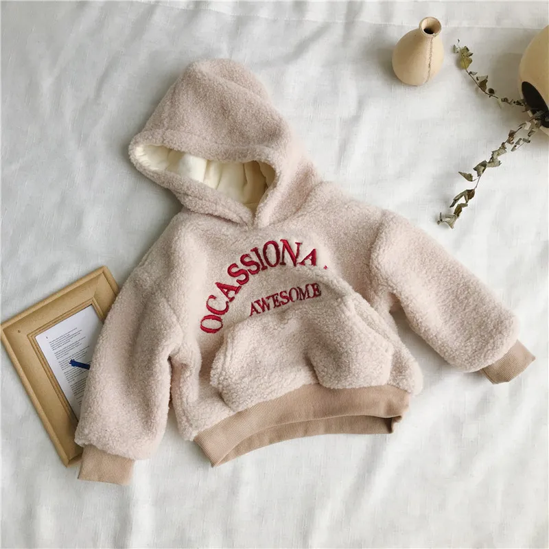 Winter New Arrival Korean style thickened letters embroidery hooded loose fur hoodie for fashion cute baby girls and boys
