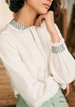 

2020 Early Aurumn French Elegant Sweet Blouse Peter Pan Collar Lantern Long Sleeve Embroidery Hollow Out Button Women Shirt