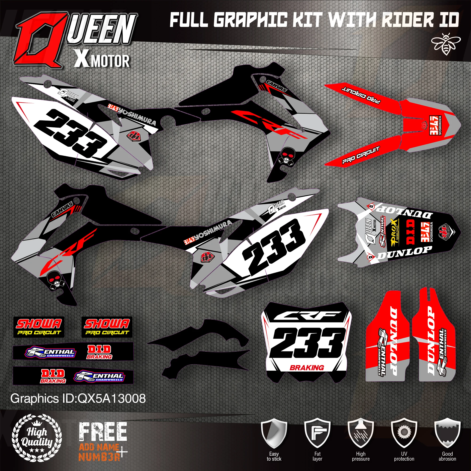 

QUEEN X MOTOR Custom Team Graphics Backgrounds Decals Stickers Kit For HONDA 2014-2017 CRF250R 2013-2016 CRF450R 008