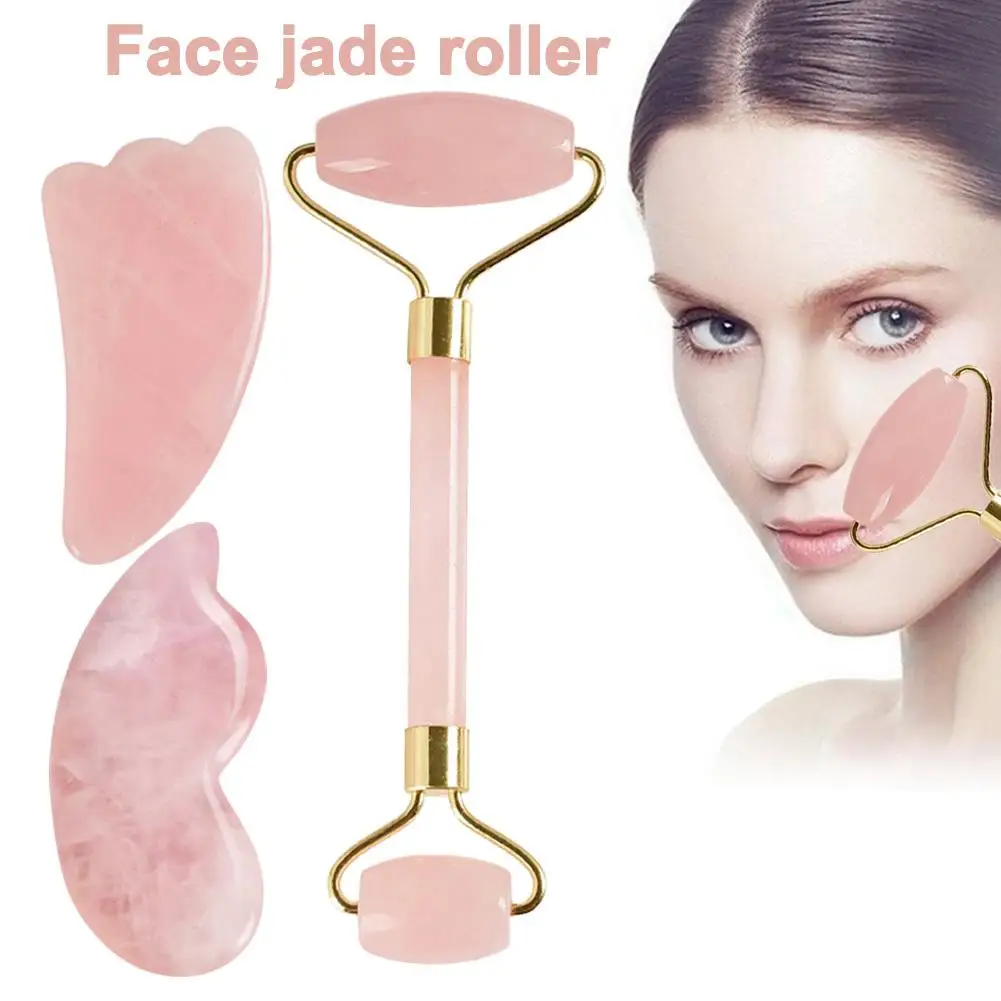 Pink Quartz Roller Slimming Face Massager Lifting Tool Natural Jade Facial Massage Roller Stone Skin Massage Beauty Care Set Box