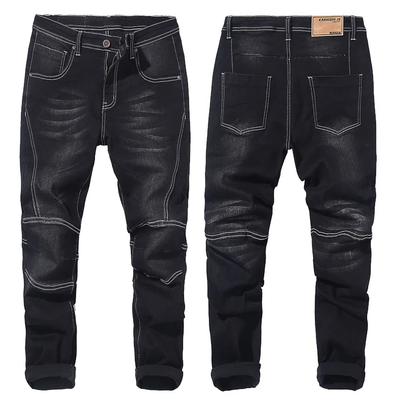 Размера плюс 46 48 осенние Для мужчин Уличная простой цвет синий, черный; Большие размеры 34–43 Slim fit Прямые джинсы в стиле хип-хоп, хлопок, повседневные, джинсовые Штаны