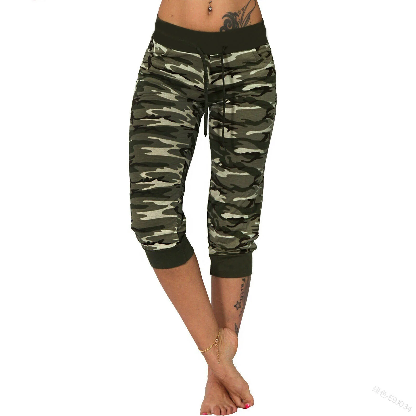 

Camouflage Sweatpants for Women, Female Capri, Calf Length Trousers, Drawstring Pants, High Waist Pocket, Summer
