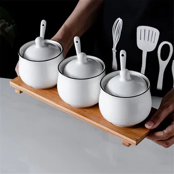 

Ceramic Seasoning Jar Olive Oil Bottle Sugar Bowl Wood Spice Rack Stackable Storage Seasoning Boxes With Spoon Kitchen Supplies
