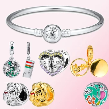 

100% 925 Sterling Silver Summer Prairie Lion Forest Animal Kingdom Fireworks Castle Butterfly Flower Beaded Pendant Bangle