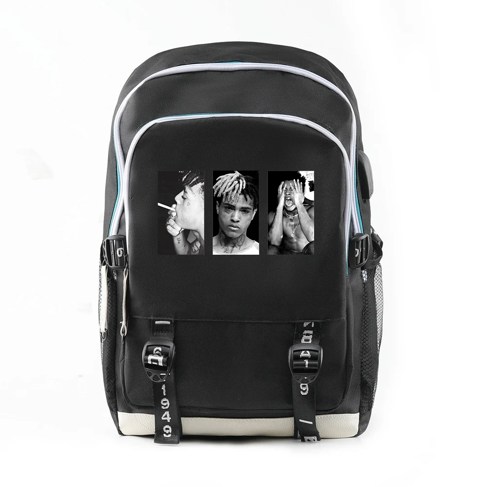 1XXXTentacion Холщовая Сумка с принтом с usb зарядным портом функциональный рюкзак подростковый школьный стиль растягивающиеся холщовые рюкзаки с пряжкой - Цвет: C-03788black