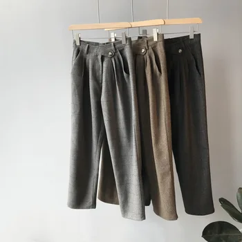 

HXJJP Autumn Winter 2019 New Thickened Plaid High Waisted Casual Pants, Woollen Broad Legged Trousers