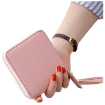 

Women Card Holder Solid Color Tassel Pendant Coin Cash Purse PU Leather Short Square Wallet(Pink)