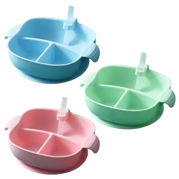 

Baby Plate Divided Food Bowl with Straw Portable 3 Grid Silicone Feeding Dish Toddler Infant Tableware