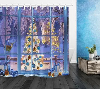 

100% Polyester Fabric Window Christmas Tree Shower Curtain Liner Bathroom Hooks