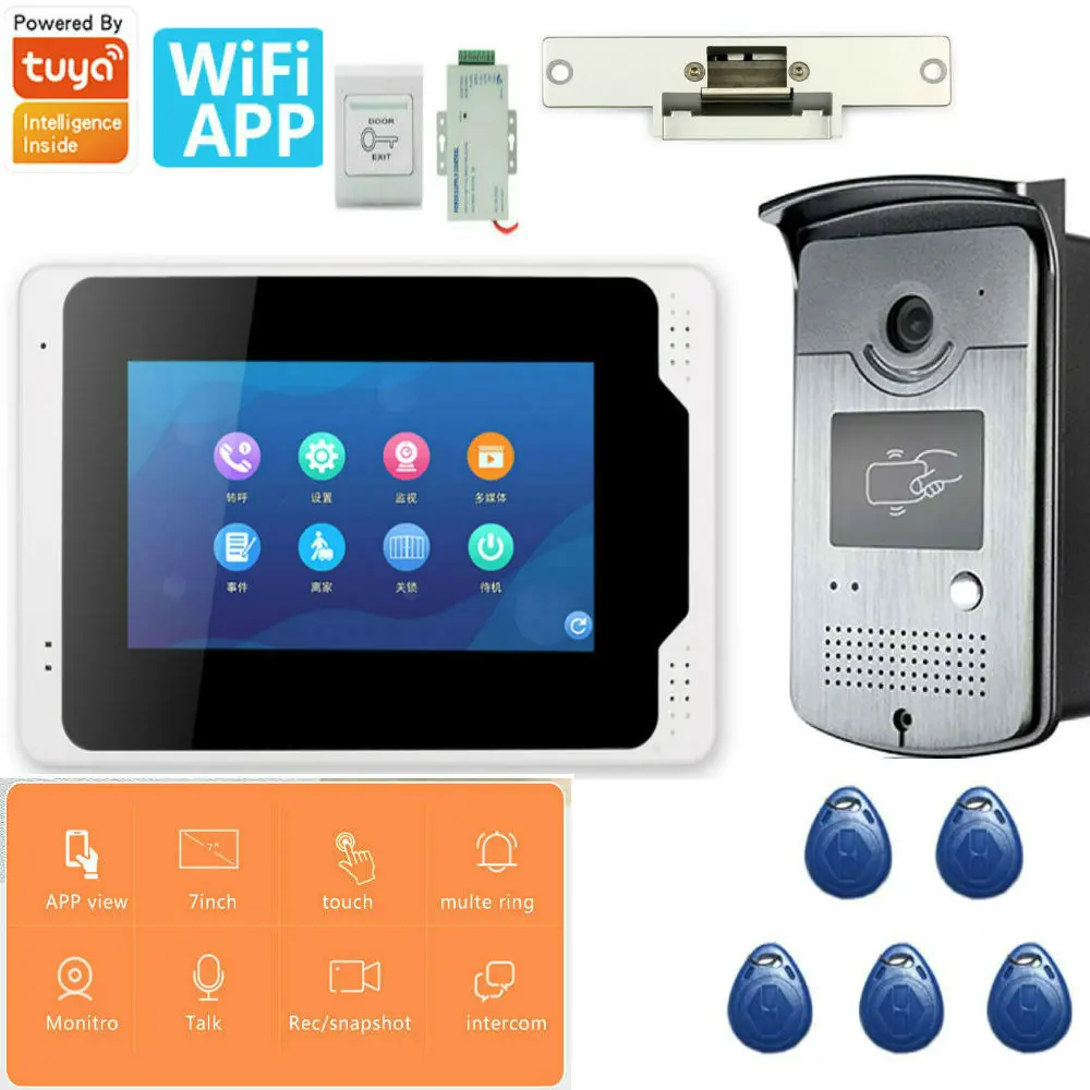 Tuya APP 7 inch Wifi Wireless RFID Video Door Phone Doorbell Intercom System with Wired 1080P camera Support electric lock