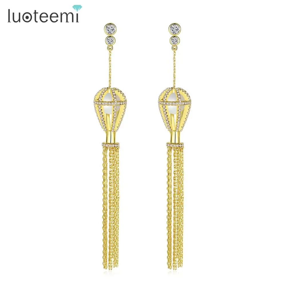 

LUOTEEMI Bohemia Lantern Tassel Long Drop Earrings for Women Girls Party Gold Color Micro CZ Dangle Earrings Fashion Jewelry