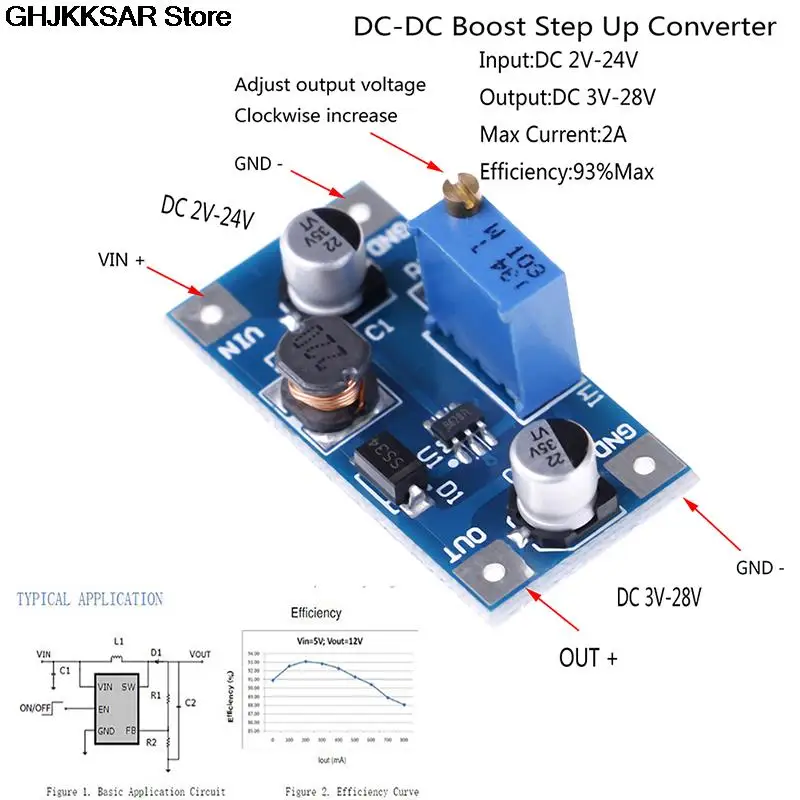 1 шт. 2A DC-DC повышающий преобразователь напряжения Питание 2V-24V постоянного тока до