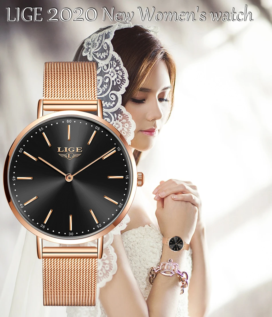 Relogio Feminino New LIGE New G0old Watch Ladies Watch Women Simple Mesh Belt Womenes Bracelet Watch Female Waterproof Clock+Box