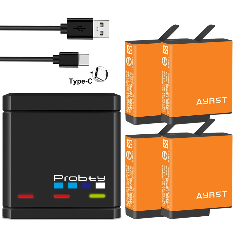 1680Mah Per Gopro Hero 7 Hero 6 Hero 5 Batteria Tipo C Caricatore Triplo Usb Ricaricabile Per Gopro Hero 7 6 5 Fotocamere Nere