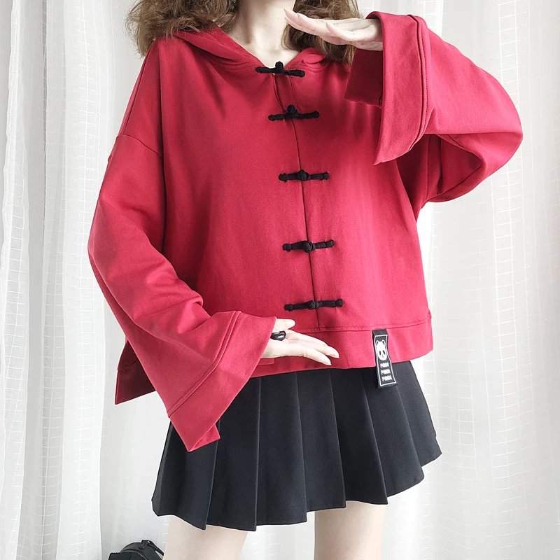 Red hoodie Японский винтажный женский красный свитер Харадзюку Готический каваи животных Обрезанные толстовки в китайском стиле Рождественская Новогодняя одежда - Цвет: Red hoodie