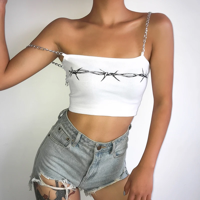 Rockmore Корея Харадзюку женщин Спагетти ремень узкая цепь Strappy уличная Bodycon с открытой спиной печатных женский короткий топ жилет Клуб