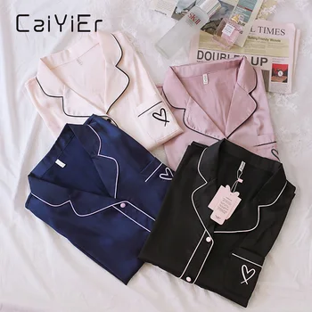 

CAIYIER 2020 Summer Sexy Silk Pajamas Set Love Embroidery + Short Sleepwear Ladies Soft Leisure Nightwear Mujer Pijama M-3XL