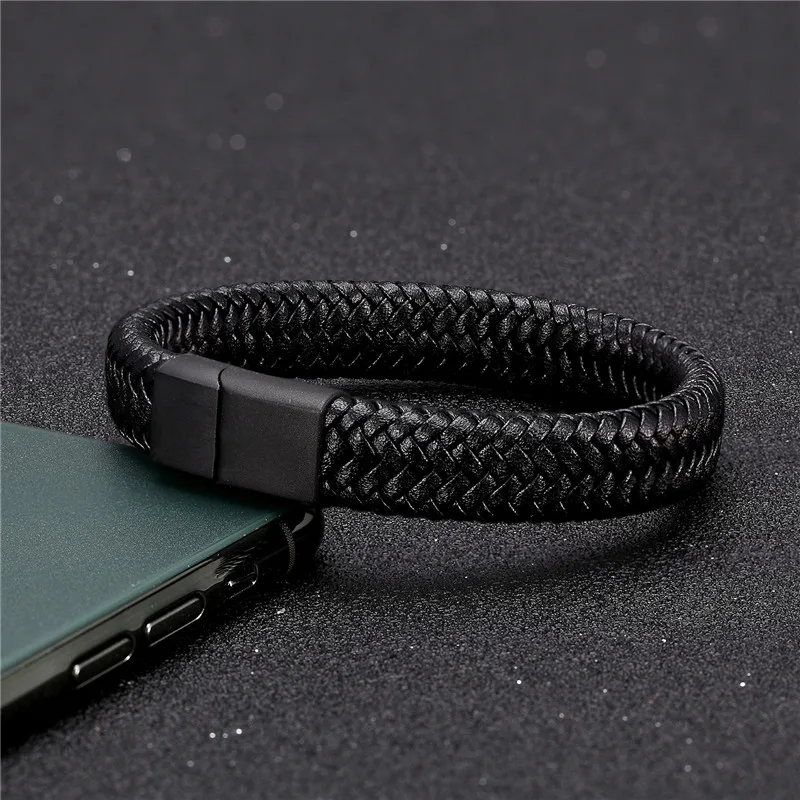 Bracelet Jewelry MKENDN Punk Men Leather Bracelet Black Stainless Steel Magnetic Clasp Braided Woven Bangle Pulseras lovers' gift