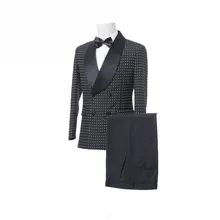 Мужской черный двубортный Свадебный костюм Little Bit со штанами, смокинг для мужчин, свадебные костюмы, торжественные костюмы для выпускного(пиджак+ брюки+ галстук