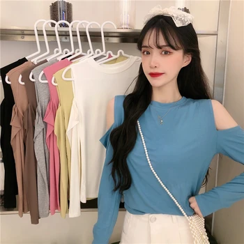 

Fall 2020 new Korean version of broken hole open shoulder long sleeve T-shirt for women, showing thin and versatile casual top