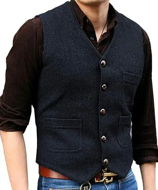 Wool Dark Green Groom vests Wedding Country Tweed slim fit wedding Party for men Attire Groomsmen Vest Prom