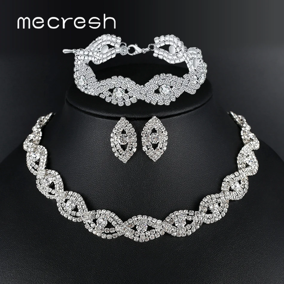 Mecresh Стразы для глаз Форма Свадебные Ювелирные наборы для женщин Серебряный цвет кристалл свадебное ожерелье серьги браслет набор TL601+ SL4