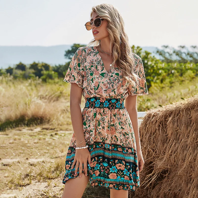 

Cross Border European And American Women's High Waist V-neck Short Sleeve Bohemian Print Dress 2021 Spring New A-line Skirt