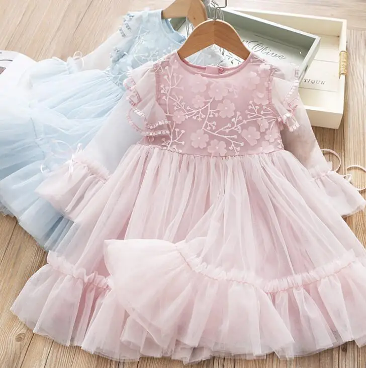 Новинка года; сезон весна; сетчатые платья с цветочной вышивкой для маленьких девочек; милая мягкая одежда принцессы для девочек; 5 шт/лот;