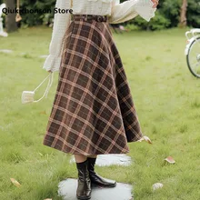 

Qiukichonson Autumn Winter Woolen Plaid Skirt Women Literary Vintage High Waist A Line Long Midi Skirts Mori Girl