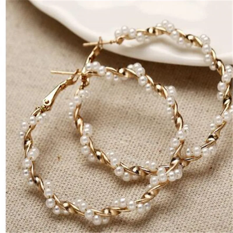 

2019 Imitation Pearl Hoop Earrings For Women Girls Twisted Big Earrings Circle Earring Brinco Statement Fashion Jewelry Party