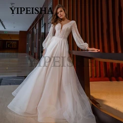 Deep V-Neck See-Through Wedding Dresses Backless Glittery Long Sleeve A-Line Tulle Bridal Gown vestido de noiva vestido de noiva