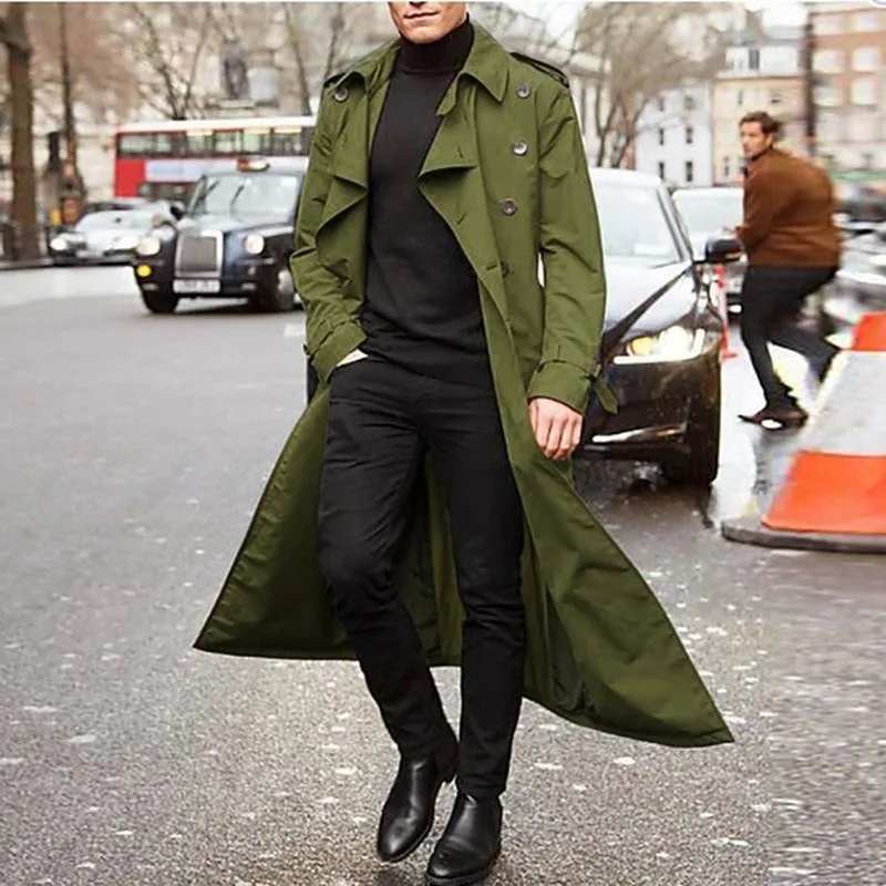 Gabardina estilo informal para hombre, de talla grande abrigo largo, corte ajustado, color liso, Primavera, 2020