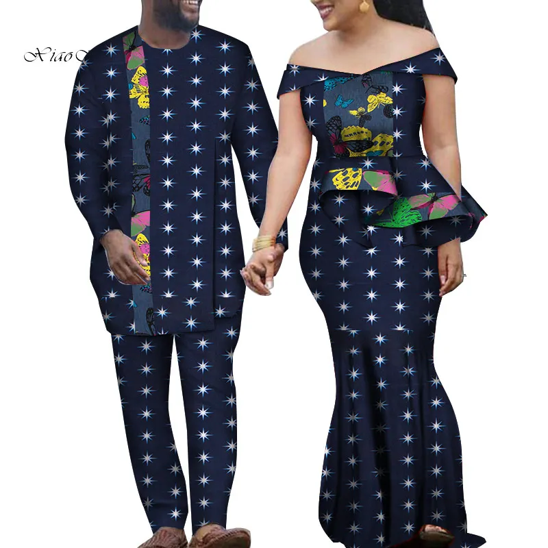 Комплект из 2 предметов, африканская одежда для пар с принтом Дашики для влюбленных, мужской костюм, женские вечерние платья макси, мужские костюмы, рубашки и штаны, WYQ212