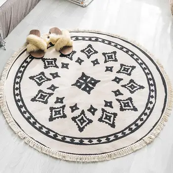 

Cotton Morocco Round Carpet Bedroom Bedside Rugs Boho Style Tassel Rug Hand Woven Retro Ethnic Tapestry Sofa Cushion Tatami Mat