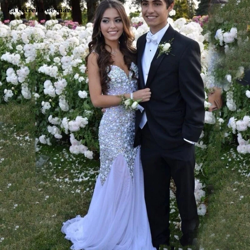 

Vestido para formatura new lace crystal Pearls luxury white sexy mermaid prom dress long Turkish evening Gown custom