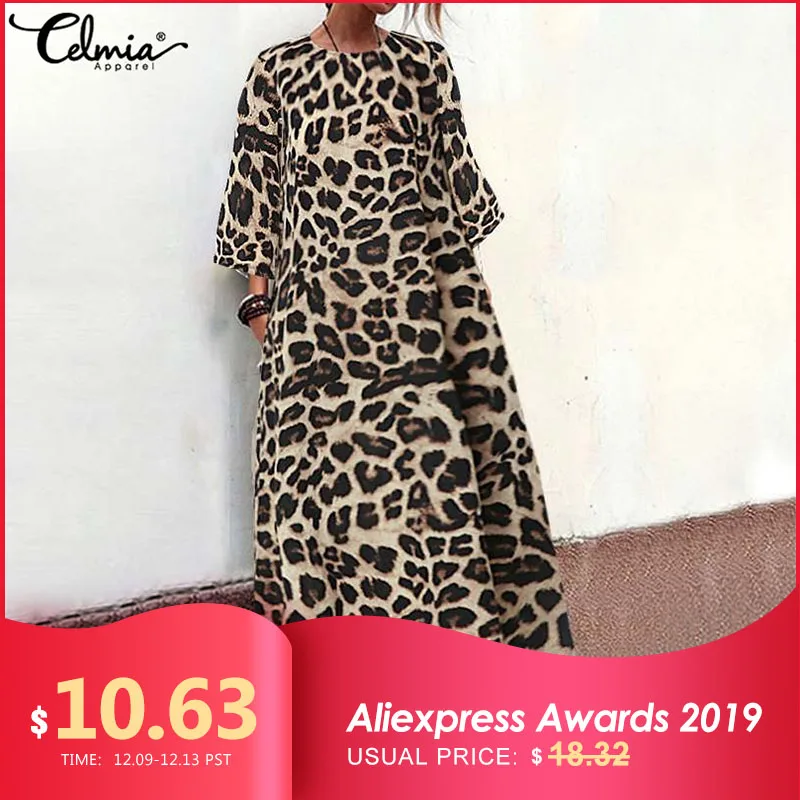 Najtaniej Kobiety długa letnia sukienka maxi Vintage sukienka z nadrukiem lamparta 2019 Celmia kobieta Casual O Neck 3 4 rękaw luźna strona Vestidos S 5XL