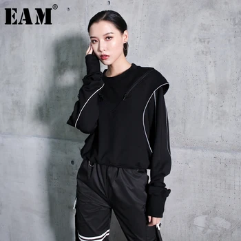 

[EAM] Loose Fit Black Line Split Joint Sweatshirt New Round Neck Long Sleeve Women Big Size Fashion Spring Autumn 2020 1K693