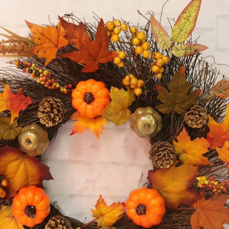 Wreath Autumn Harvest Maple Leaf Pumpkin Front Door Wreath Front Door Home Decor Party Supplies 45Cm