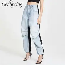 Getвесенние женские джинсы женские прямые джинсы с высокой талией джинсовые штаны Лоскутные женские свободные длинные джинсовые штаны осень-зима новые