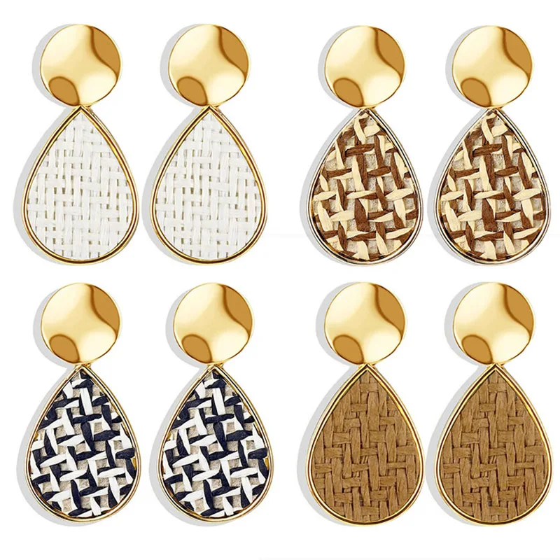 

Vienkim 4 Color Bohemian Geometric Water Drop Woven Earrings Women's Korea Fashion Handmade Wooden Straw Pendant Long Earrings
