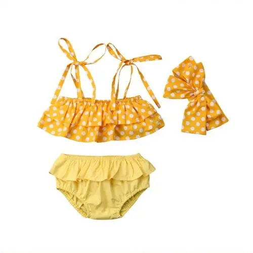 Комплект бикини для девочек 3 шт. из дышащего полиэстера желтого цвета в горошек