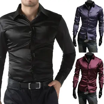 

2019 Fashion Shiny Silk Satin Luxury Silk Dress Shirt As Long Sleeve Mens Casual Performance Wear Blouses Mens Shirts M-2XL