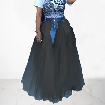 

Sexy Stitching Transparent Mesh Denim Skirt Casual Women Fashion High Waist Long Skirt Plus Size Tutu Skirt