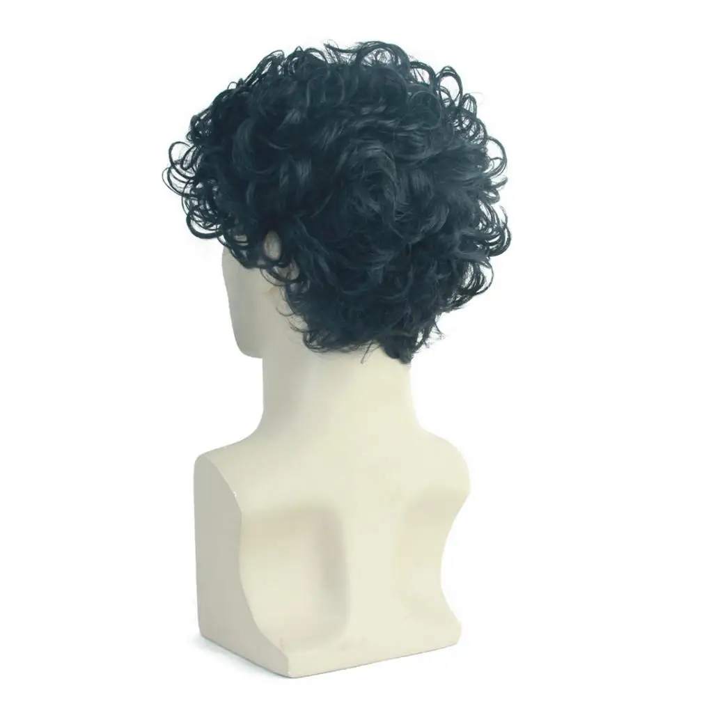 Fashion Black Natural Short Curly Wigs Wavy Hairstyle Synthetic Fiber Hair Wigs 10 inch for Men, Heat Resistant 