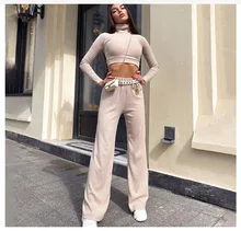 

Casual Knit Rib Solid Pants Suits 2 Piece Outfits Streetwear Turtleneck Long Sleeve Crop Top + Wide Leg Pants Slim Two Piece Set